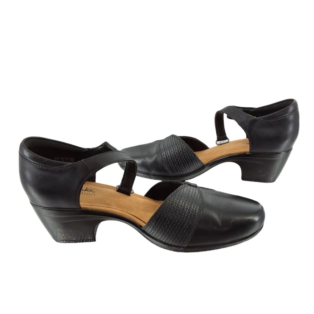 Clarks Collection Black Leather Mary Jane Pumps Block Heel Womens 9.5 US